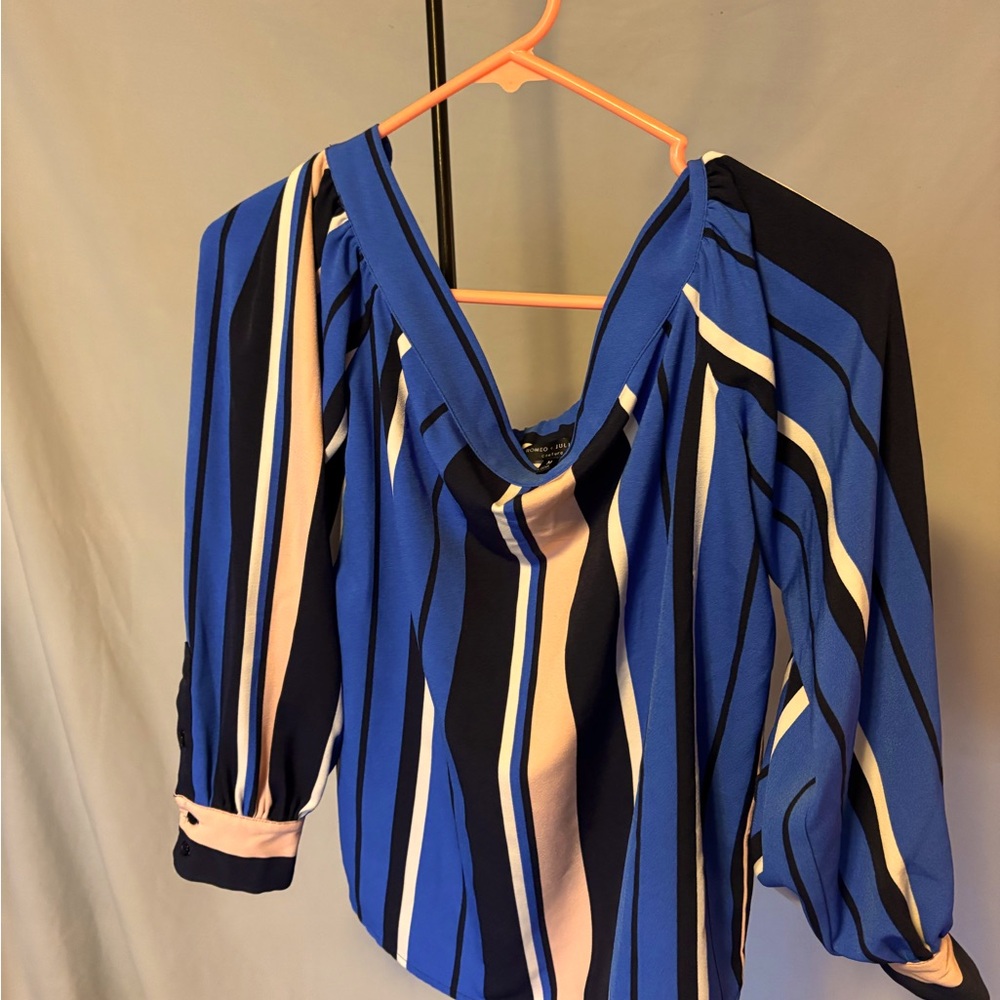Romeo & Juliet Coutier Blue Light Pink White stripped Off the Shoulder Blouse
